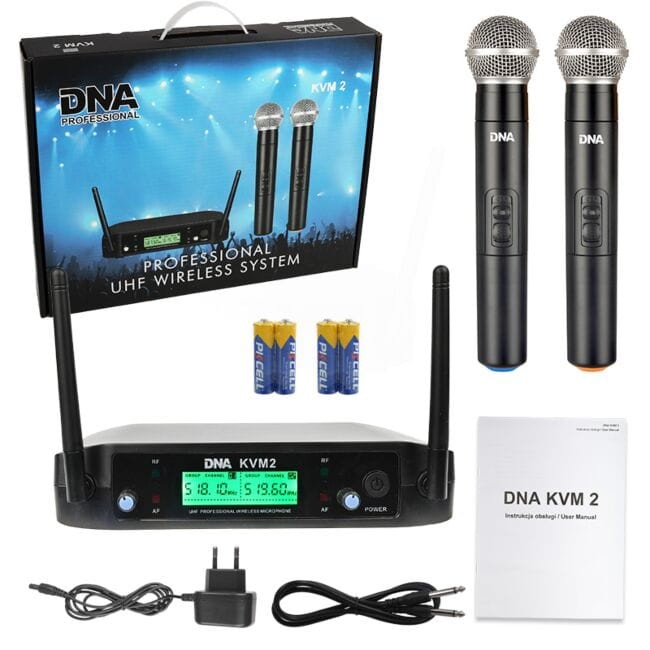 DNA KVM 2 MIKROFONY BEZPRZEWODOWE DO RĘKI PODWÓJNY SYSTEM DORĘCZNY 518-542 MHz