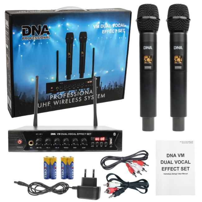 DNA VM DUAL VOCAL EFFECT SET DWA MIKROFONY BEZPRZEWODOWE DO RĘKI USB BLUETOOTH 518-542 MHz
