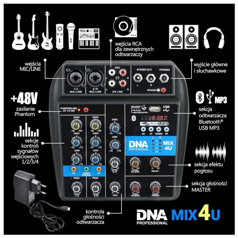 DNA MIX 4U mikser audio USB MP3 Bluetooth analogow