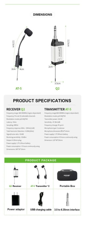 Bezprzewodowy system mikrofonowy do akordeonu Acemic Q2/AT-5