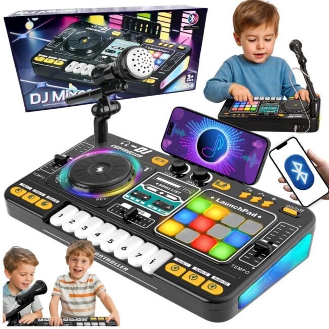 SUPRIMO DJ KID KONSOLA MIKSER DJ DLA DZIECI KONTROLER BLUETOOTH MIKROFON LED UCHWYT NAKLEJKI ZESTAW