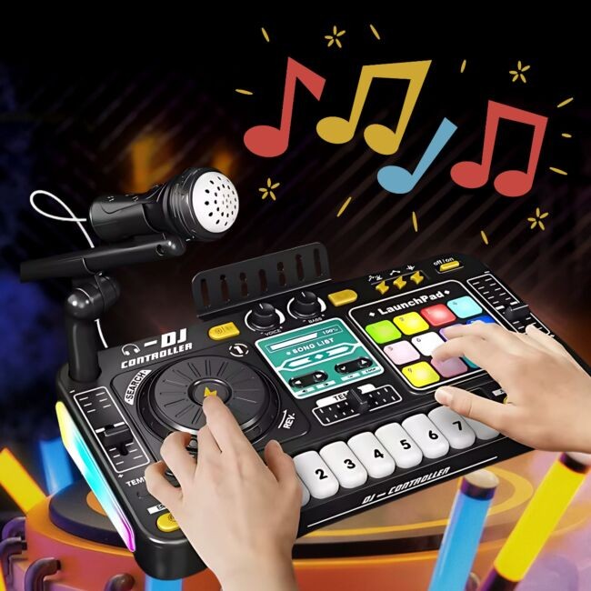 SUPRIMO DJ KID KONSOLA MIKSER DJ DLA DZIECI KONTROLER BLUETOOTH MIKROFON LED UCHWYT NAKLEJKI ZESTAW
