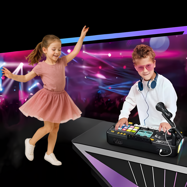 SUPRIMO DJ KID KONSOLA MIKSER DJ DLA DZIECI KONTROLER BLUETOOTH MIKROFON LED UCHWYT NAKLEJKI ZESTAW