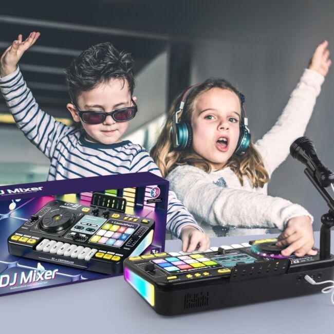 SUPRIMO DJ KID KONSOLA MIKSER DJ DLA DZIECI KONTROLER BLUETOOTH MIKROFON LED UCHWYT NAKLEJKI ZESTAW