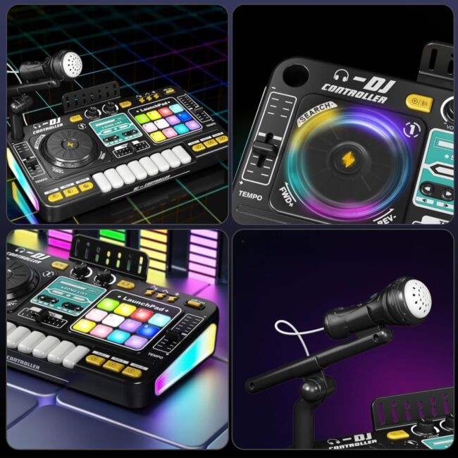 SUPRIMO DJ KID KONSOLA MIKSER DJ DLA DZIECI KONTROLER BLUETOOTH MIKROFON LED UCHWYT NAKLEJKI ZESTAW