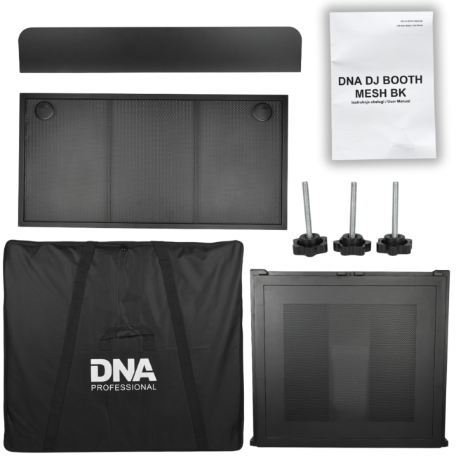 DNA DJ BOOTH MESH BK STANOWISKO DJ STÓŁ CZARNY STALOWY SIATKA PERFOROWANA OSŁONA BLATU POKROWIEC TRANSPORTOWY ZESTAW DO 50 KG