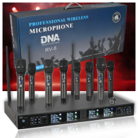 DNA RV-8 ZESTAW BEZPRZEWODOWY 8X BATERYJNY MIKROFON DORĘCZNY ODBIORNIK UHF 610-690 MHZ 8X40 KANAŁÓW