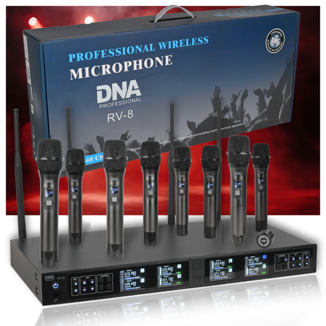 DNA RV-8 ZESTAW BEZPRZEWODOWY 8X BATERYJNY MIKROFON DORĘCZNY ODBIORNIK UHF 610-690 MHZ 8X40 KANAŁÓW