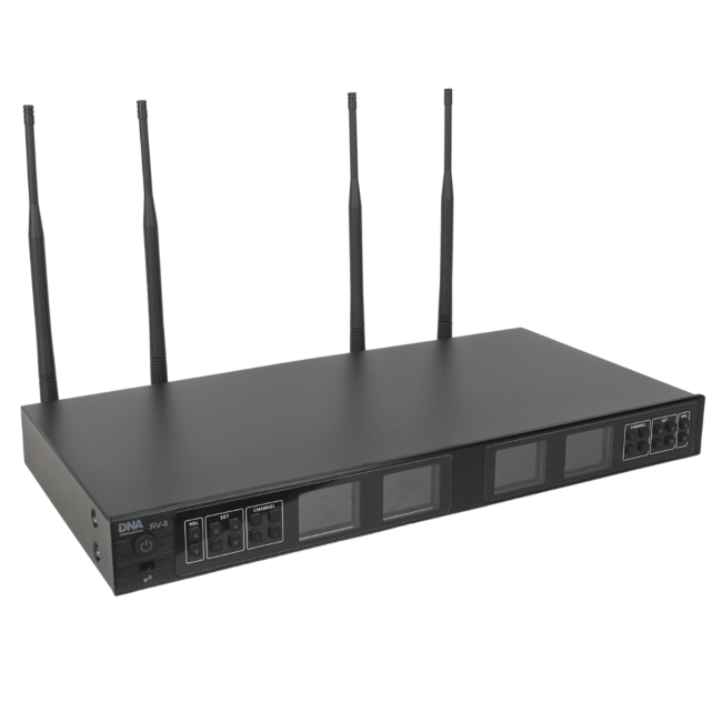 DNA RV-8 ZESTAW BEZPRZEWODOWY 8X BATERYJNY MIKROFON DORĘCZNY ODBIORNIK UHF 610-690 MHZ 8X40 KANAŁÓW