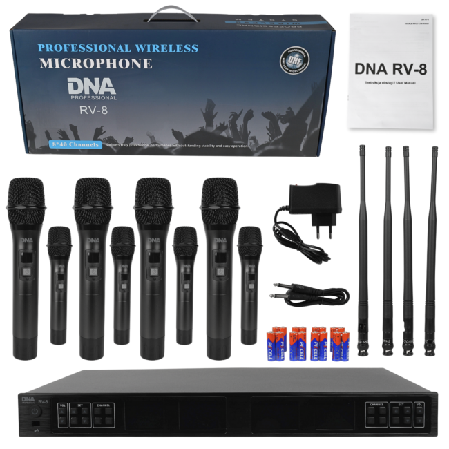 DNA RV-8 ZESTAW BEZPRZEWODOWY 8X BATERYJNY MIKROFON DORĘCZNY ODBIORNIK UHF 610-690 MHZ 8X40 KANAŁÓW