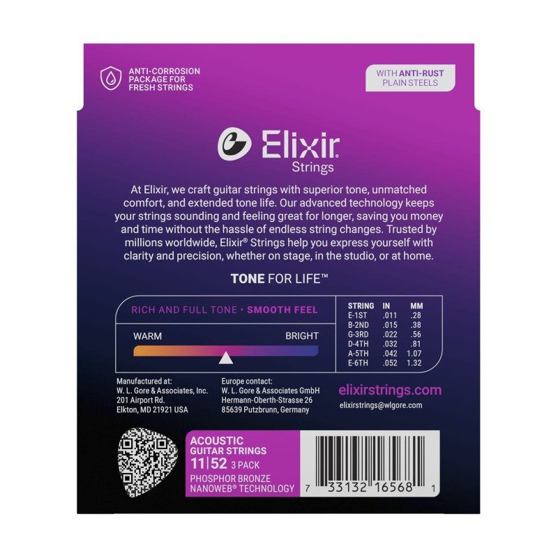 ELIXIR 16568 NANOWEB 11-52 STRUNY DO GITARY AKUSTYCZNEJ 3-PACK 16027