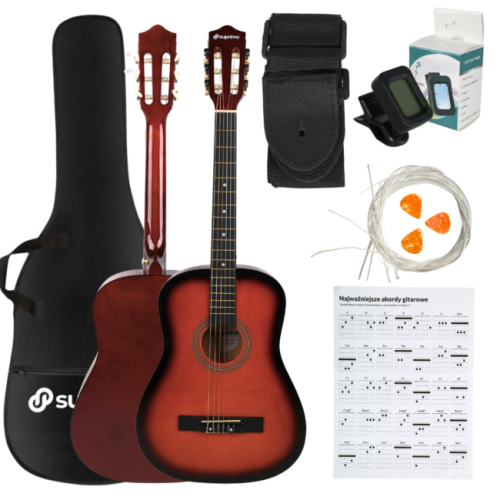 SUPRIMO CGS3 SB GITARA KLASYCZNA 4/4 SUNBURST DO NAUKI DLA POCZĄTKUJĄCYCH TUNER KOSTKI PASEK STRUNY POKROWIEC AKORDY ZESTAW
