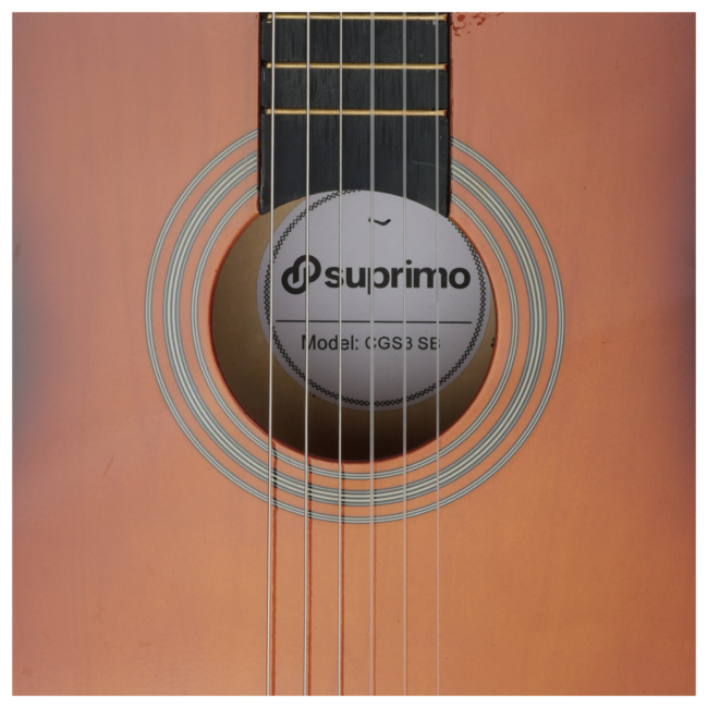 SUPRIMO CGS3 SB GITARA KLASYCZNA 4/4 SUNBURST DO NAUKI DLA POCZĄTKUJĄCYCH TUNER KOSTKI PASEK STRUNY POKROWIEC AKORDY ZESTAW