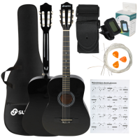SUPRIMO CGS3 BK GITARA KLASYCZNA 4/4 CZARNA DO NAUKI DLA POCZĄTKUJĄCYCH TUNER KOSTKI PASEK STRUNY POKROWIEC AKORDY ZESTAW