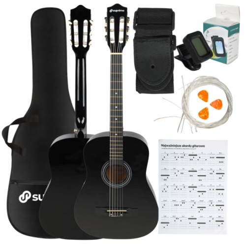 SUPRIMO CGS3 BK GITARA KLASYCZNA 4/4 CZARNA DO NAUKI DLA POCZĄTKUJĄCYCH TUNER KOSTKI PASEK STRUNY POKROWIEC AKORDY ZESTAW
