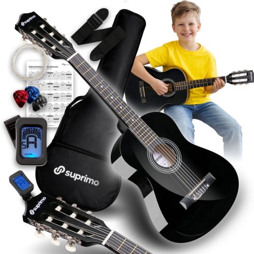 SUPRIMO JRC SET BK GITARA KLASYCZNA 1/4 CZARNA PASEK ZAPASOWE STRUNY POKROWIEC TUNER AKORDY ZESTAW