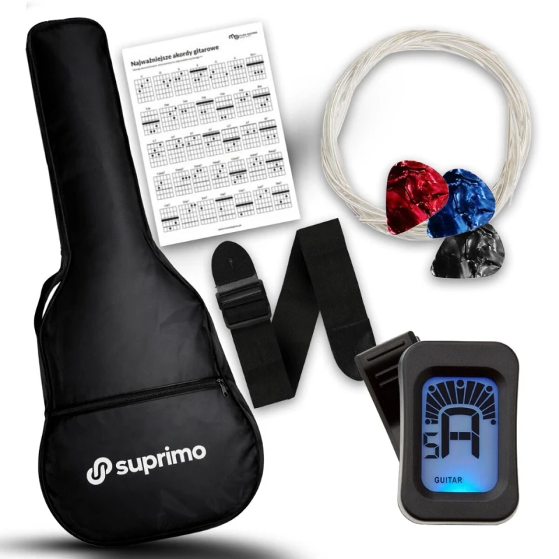 SUPRIMO JRC SET BK GITARA KLASYCZNA 1/4 CZARNA PASEK ZAPASOWE STRUNY POKROWIEC TUNER AKORDY ZESTAW