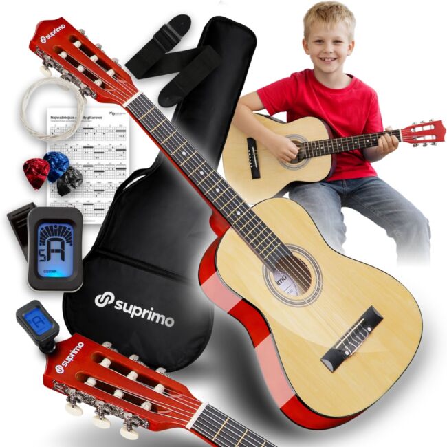 SUPRIMO JRC SET NT GITARA KLASYCZNA 1/4 NATURALNA PASEK ZAPASOWE STRUNY POKROWIEC TUNER AKORDY ZESTAW