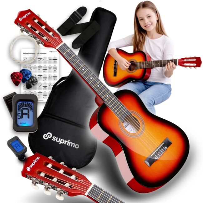 SUPRIMO JRC SET SB GITARA KLASYCZNA 1/4 SUNBURST PASEK ZAPASOWE STRUNY POKROWIEC TUNER AKORDY ZESTAW