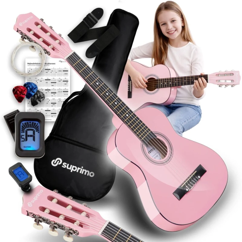 SUPRIMO JRC SET PK GITARA KLASYCZNA 1/4 RÓŻOWA PASEK ZAPASOWE STRUNY POKROWIEC TUNER AKORDY ZESTAW