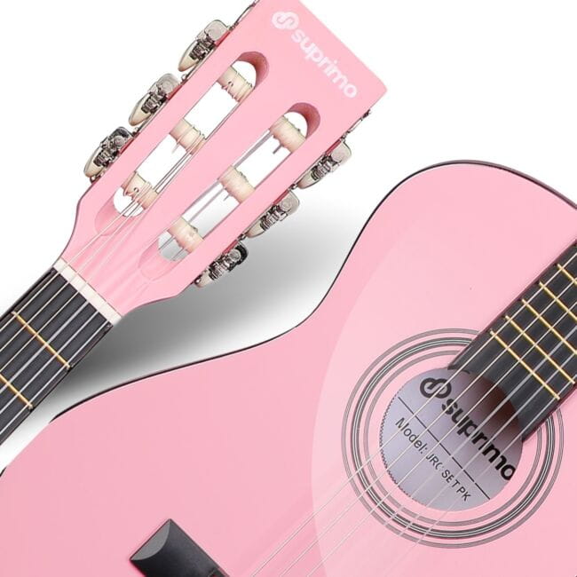 SUPRIMO JRC SET PK GITARA KLASYCZNA 1/4 RÓŻOWA PASEK ZAPASOWE STRUNY POKROWIEC TUNER AKORDY ZESTAW