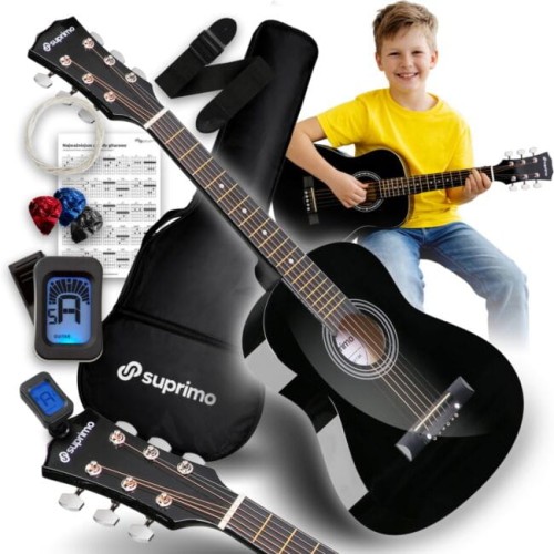SUPRIMO JRA SET BK GITARA AKUSTYCZNA 1/4 CZARNA PASEK ZAPASOWE STRUNY POKROWIEC TUNER AKORDY ZESTAW