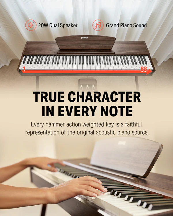 DONNER DDP-80 WALNUT WOOD PIANINO CYFROWE WAŻONA KLAWIATURA 88 KLAWISZY