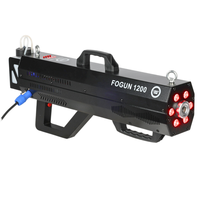 LIGHT4ME FOGUN 1200 GENERATOR WYTWORNICA DYMU MGŁY 1200W KARABIN 6X3W RGB LED PASEK NA RAMIĘ