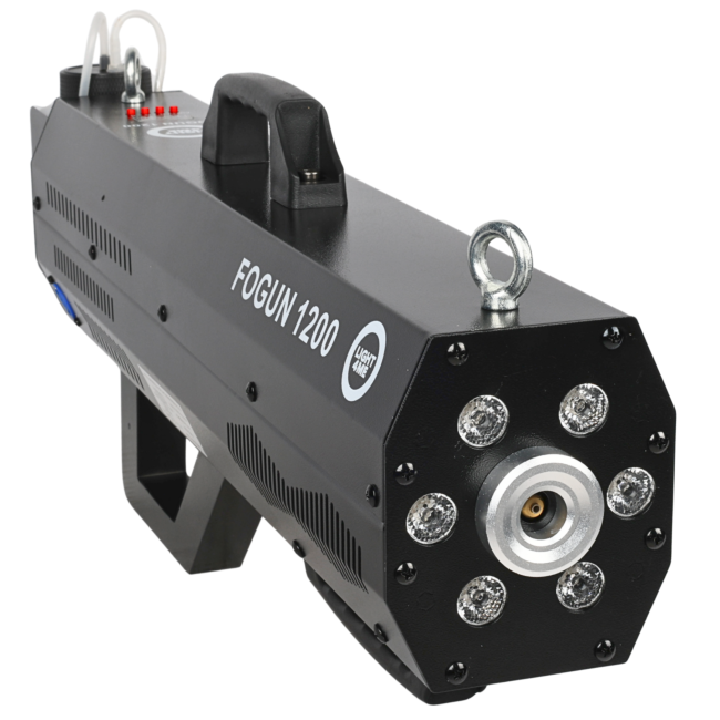 LIGHT4ME FOGUN 1200 GENERATOR WYTWORNICA DYMU MGŁY 1200W KARABIN 6X3W RGB LED PASEK NA RAMIĘ