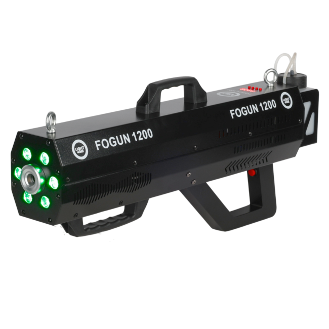 LIGHT4ME FOGUN 1200 GENERATOR WYTWORNICA DYMU MGŁY 1200W KARABIN 6X3W RGB LED PASEK NA RAMIĘ