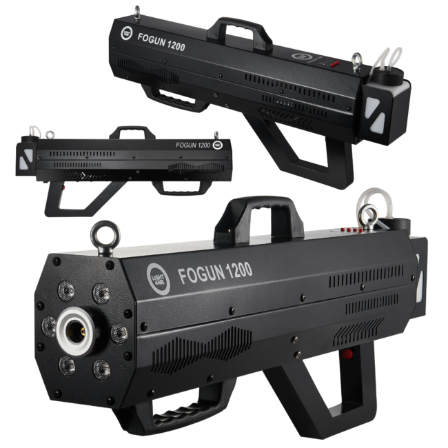 LIGHT4ME FOGUN 1200 GENERATOR WYTWORNICA DYMU MGŁY 1200W KARABIN 6X3W RGB LED PASEK NA RAMIĘ