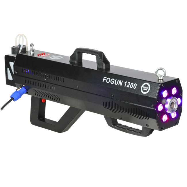 LIGHT4ME FOGUN 1200 GENERATOR WYTWORNICA DYMU MGŁY 1200W KARABIN 6X3W RGB LED PASEK NA RAMIĘ