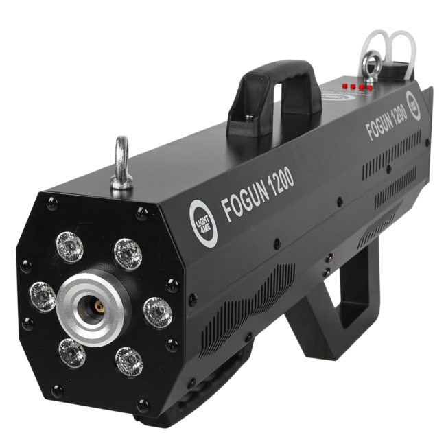LIGHT4ME FOGUN 1200 GENERATOR WYTWORNICA DYMU MGŁY 1200W KARABIN 6X3W RGB LED PASEK NA RAMIĘ