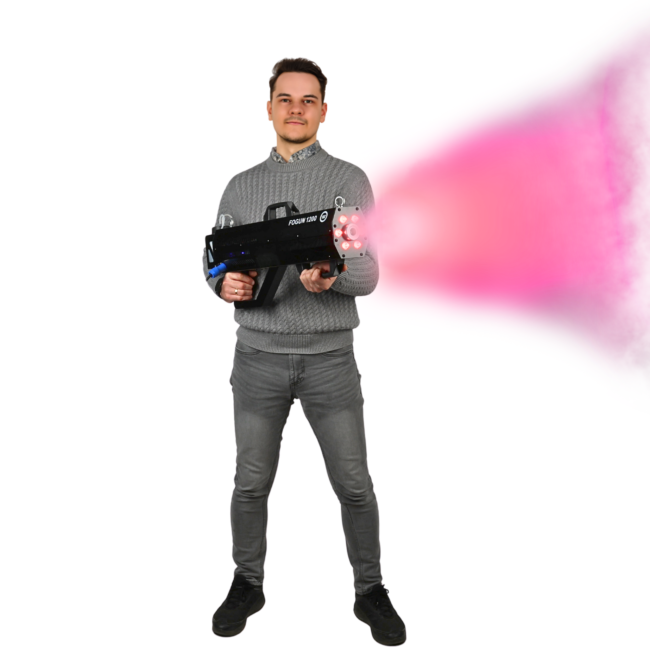 LIGHT4ME FOGUN 1200 GENERATOR WYTWORNICA DYMU MGŁY 1200W KARABIN 6X3W RGB LED PASEK NA RAMIĘ