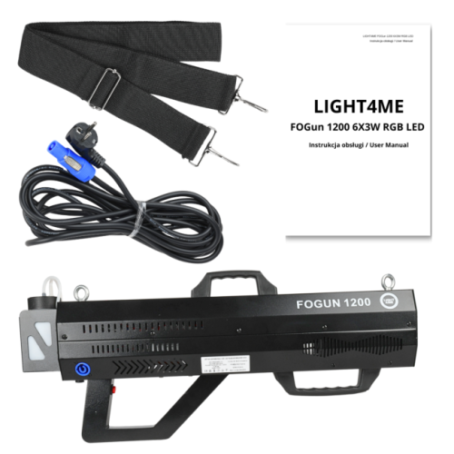 LIGHT4ME FOGUN 1200 GENERATOR WYTWORNICA DYMU MGŁY 1200W KARABIN 6X3W RGB LED PASEK NA RAMIĘ