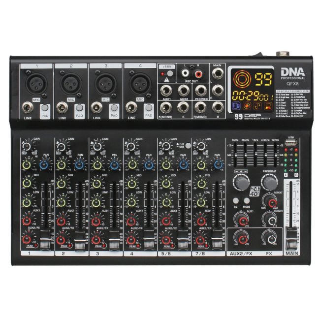 DNA QFX8 ANALOGOWY MIKSER DŹWIĘKU 8 KANAŁÓW BLUETOOTH USB MP3 PHANTOM +48V DSP