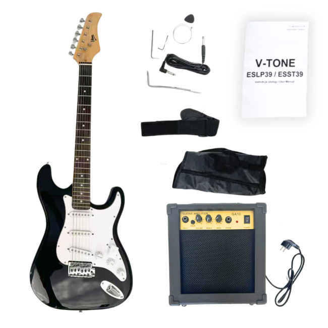 V-TONE ESST39 BK GITARA ELEKTRYCZNA 4/4 STRATOCASTER 39 SSS CZARNA + WZMACNIACZ GITAROWY ZESTAW