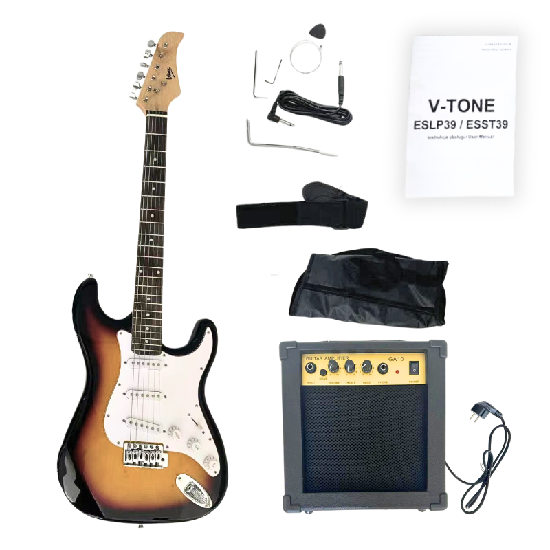 V-TONE ESST39 SB GITARA ELEKTRYCZNA 4/4 STRATOCASTER 39 SSS SUNBURST + WZMACNIACZ GITAROWY ZESTAW